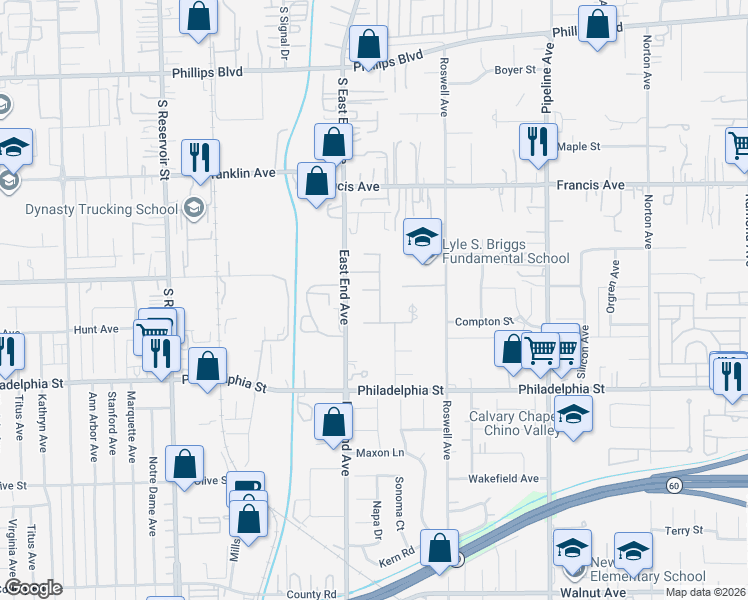 map of restaurants, bars, coffee shops, grocery stores, and more near 3755 Savona Court in Chino