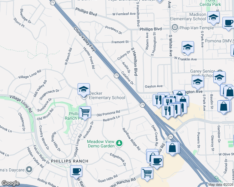 map of restaurants, bars, coffee shops, grocery stores, and more near 23 Rising Hill Road in Pomona