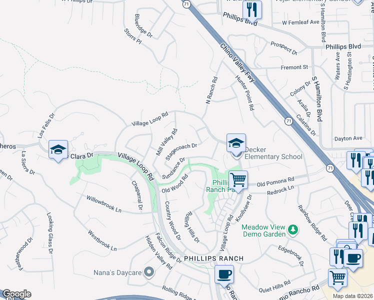 map of restaurants, bars, coffee shops, grocery stores, and more near 22 Stagecoach Drive in Pomona
