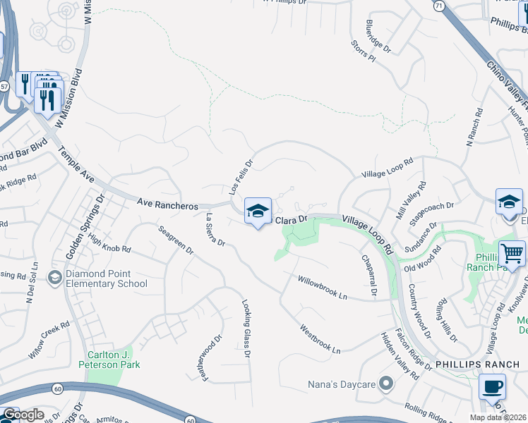 map of restaurants, bars, coffee shops, grocery stores, and more near 1 Calle de Rodeo in Pomona