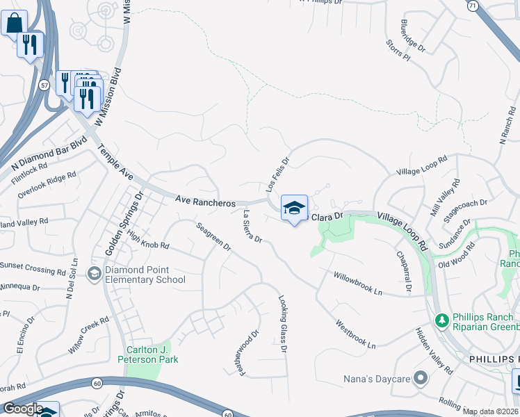 map of restaurants, bars, coffee shops, grocery stores, and more near 19 Trabuco Place in Pomona