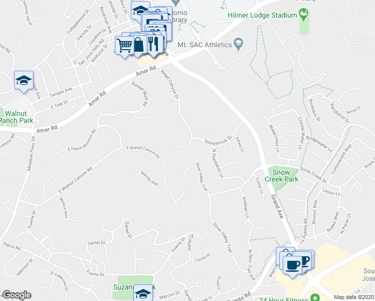 map of restaurants, bars, coffee shops, grocery stores, and more near 934 Regal Canyon Drive in Walnut