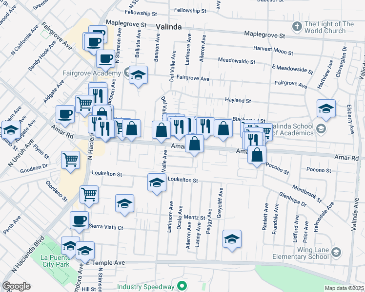 map of restaurants, bars, coffee shops, grocery stores, and more near 15738 Amar Road in La Puente