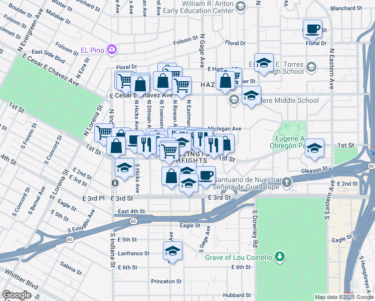 map of restaurants, bars, coffee shops, grocery stores, and more near 3717 East 1st Street in Los Angeles