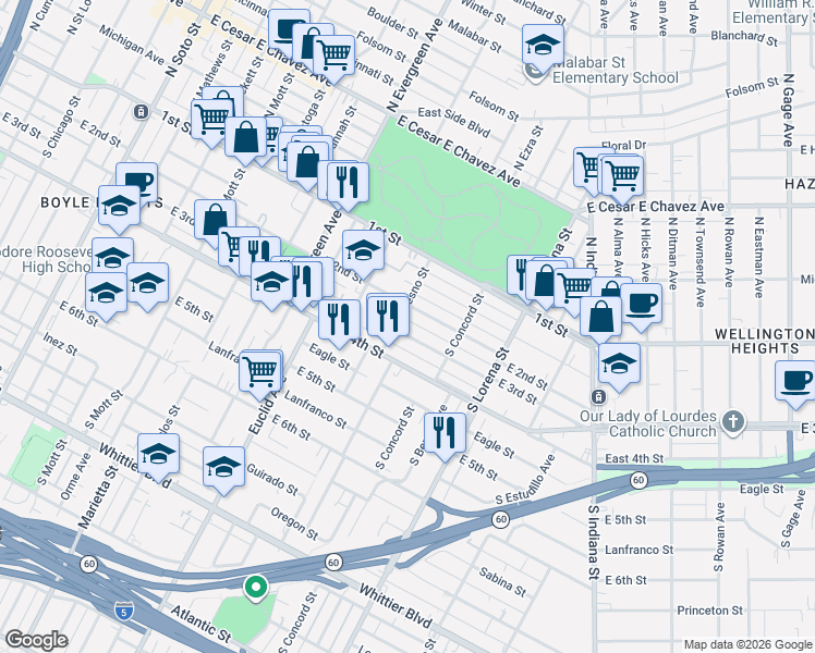 map of restaurants, bars, coffee shops, grocery stores, and more near 3203 East 3rd Street in Los Angeles