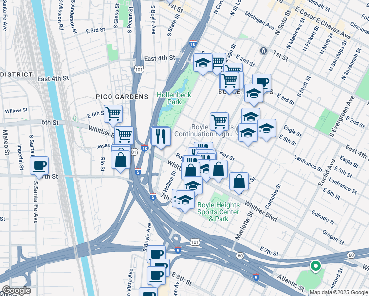 map of restaurants, bars, coffee shops, grocery stores, and more near 2225 Terrace Heights Avenue in Los Angeles