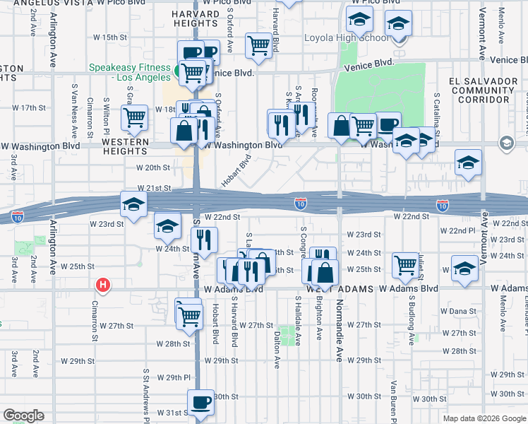 map of restaurants, bars, coffee shops, grocery stores, and more near 1955 West 22nd Street in Los Angeles