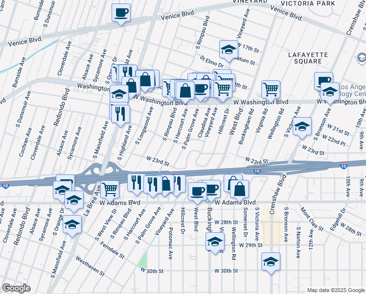 map of restaurants, bars, coffee shops, grocery stores, and more near 2118 South Palm Grove Avenue in Los Angeles