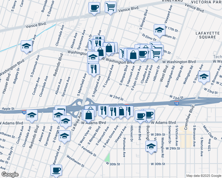 map of restaurants, bars, coffee shops, grocery stores, and more near 2130 South West View Street in Los Angeles