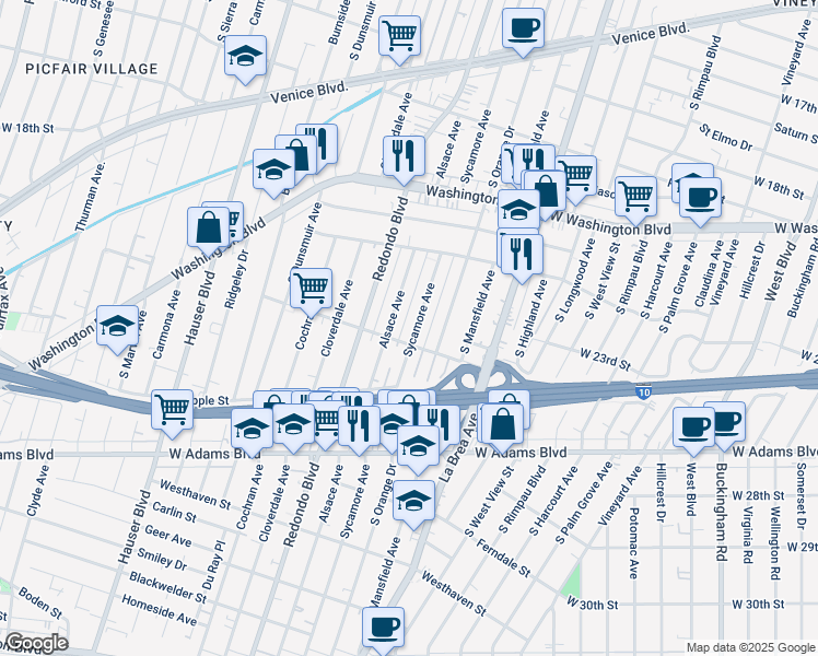 map of restaurants, bars, coffee shops, grocery stores, and more near 2237 South Sycamore Avenue in Los Angeles