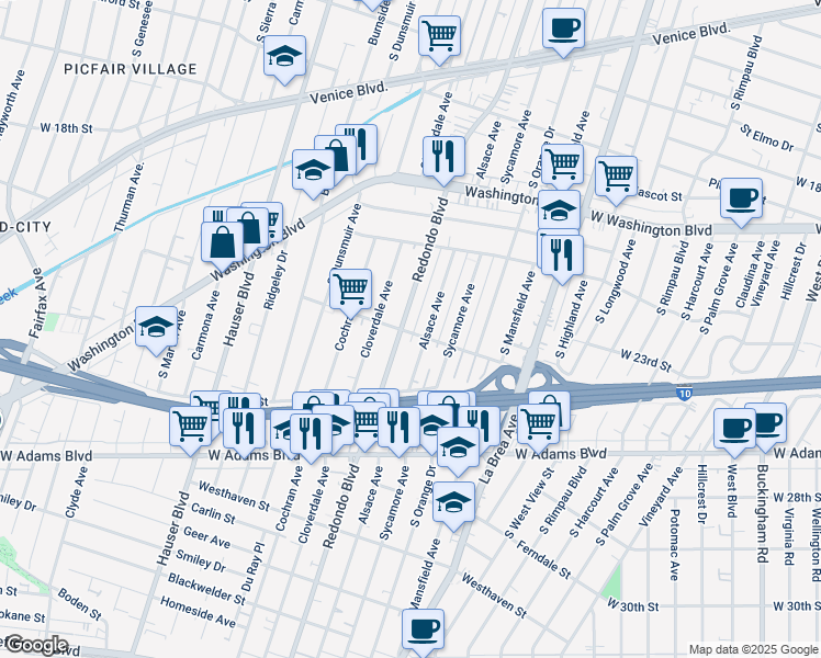 map of restaurants, bars, coffee shops, grocery stores, and more near 5176 Bangor Street in Los Angeles