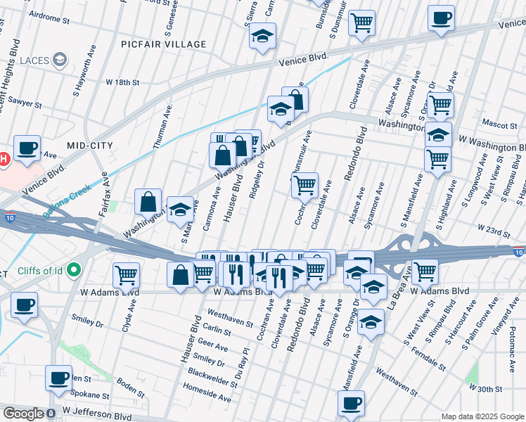 map of restaurants, bars, coffee shops, grocery stores, and more near 2241 South Burnside Avenue in Los Angeles