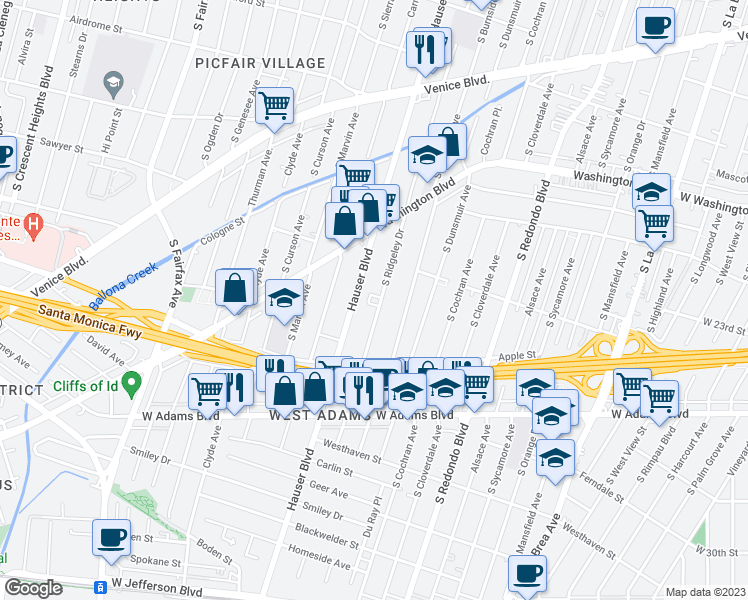 map of restaurants, bars, coffee shops, grocery stores, and more near 2233 South Ridgeley Drive in Los Angeles