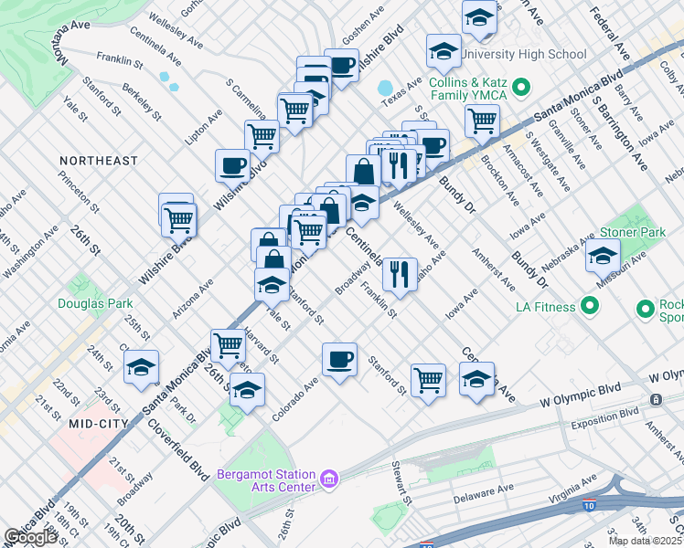 map of restaurants, bars, coffee shops, grocery stores, and more near 1503 Franklin Street in Santa Monica