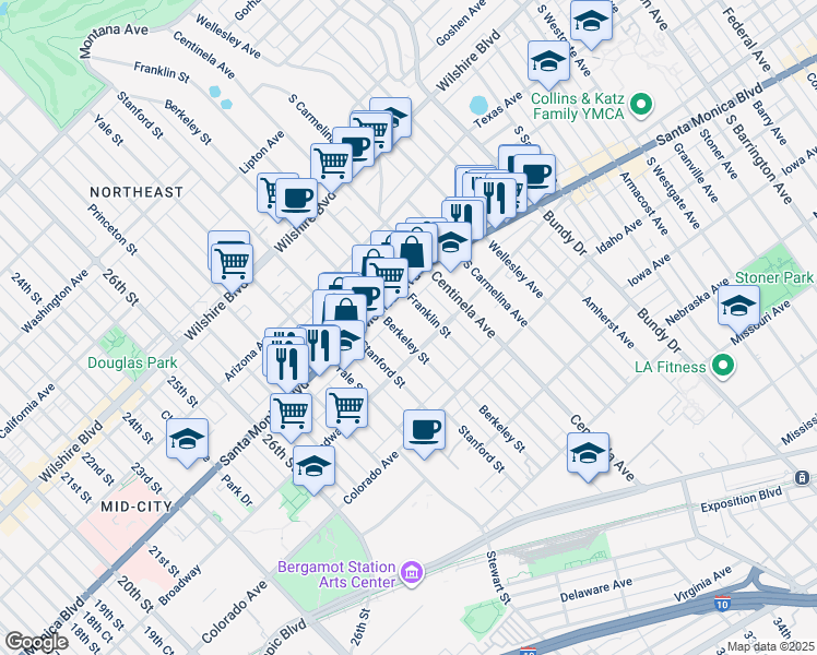 map of restaurants, bars, coffee shops, grocery stores, and more near 1433 Berkeley Street in Santa Monica