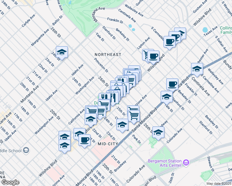 map of restaurants, bars, coffee shops, grocery stores, and more near in Santa Monica