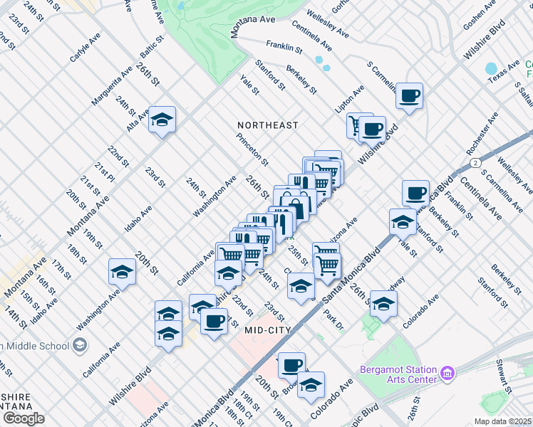 map of restaurants, bars, coffee shops, grocery stores, and more near 1119 25th Street in Santa Monica