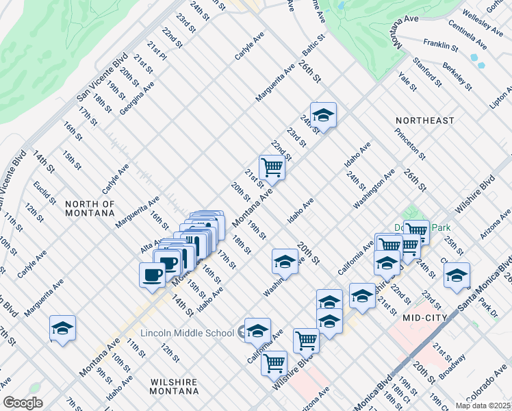 map of restaurants, bars, coffee shops, grocery stores, and more near 1932 Montana Avenue in Santa Monica