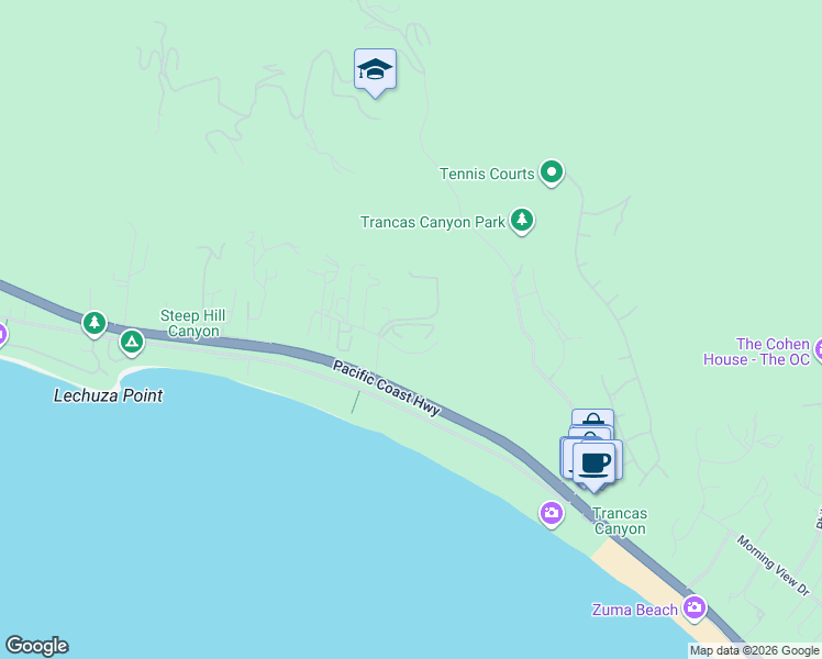 map of restaurants, bars, coffee shops, grocery stores, and more near 31203 Bailard Road in Malibu
