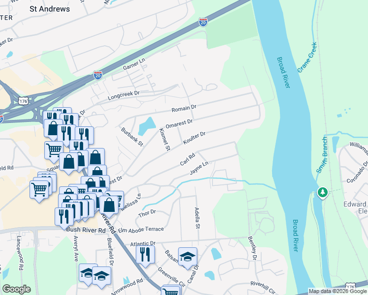map of restaurants, bars, coffee shops, grocery stores, and more near 1614 Koulter Drive in Columbia