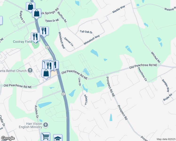 map of restaurants, bars, coffee shops, grocery stores, and more near 2678 Whistler Way Northeast in Lawrenceville