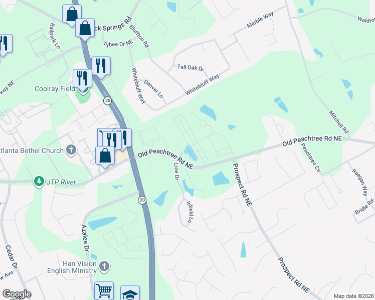 map of restaurants, bars, coffee shops, grocery stores, and more near 1250-1254 Old Peachtree Road Northeast in Lawrenceville