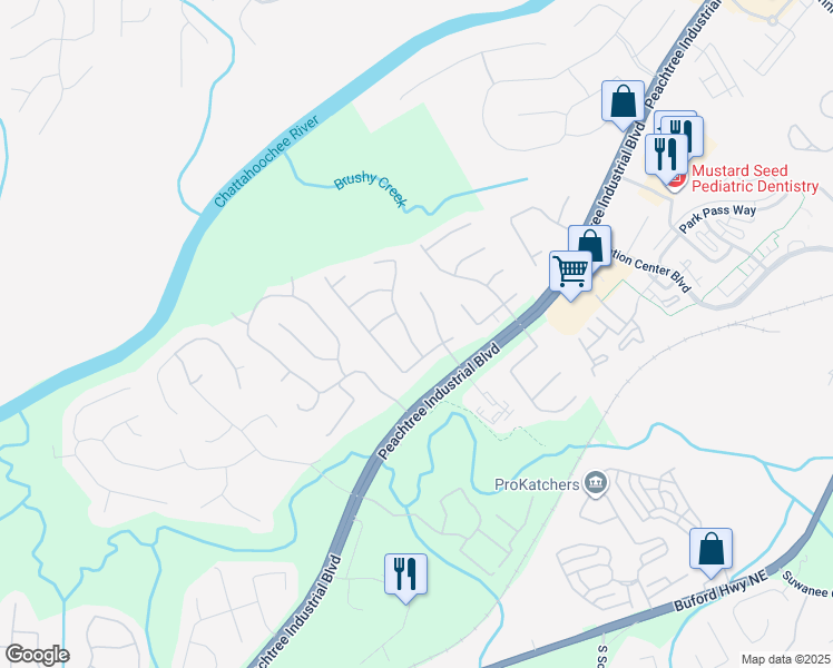 map of restaurants, bars, coffee shops, grocery stores, and more near 3912 Riversong Drive Northwest in Suwanee