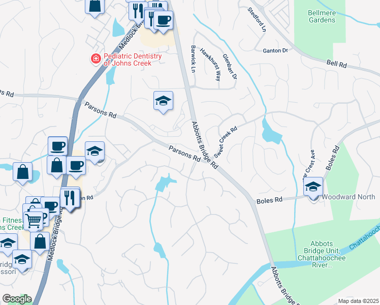 map of restaurants, bars, coffee shops, grocery stores, and more near 6273 Clapham Lane in Johns Creek