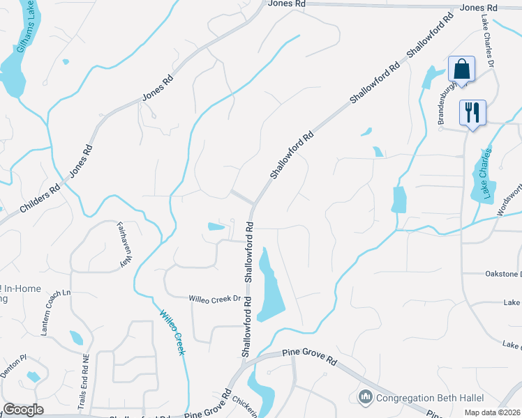 map of restaurants, bars, coffee shops, grocery stores, and more near 10515 Shallowford Road in Roswell