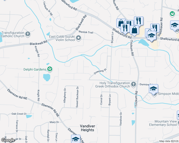 map of restaurants, bars, coffee shops, grocery stores, and more near 2155 Clementine Drive in Marietta