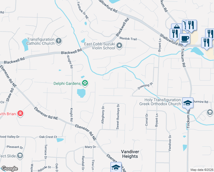 map of restaurants, bars, coffee shops, grocery stores, and more near 2133 Clementine Drive in Marietta