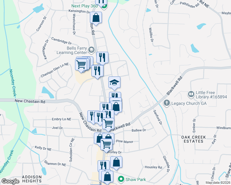 map of restaurants, bars, coffee shops, grocery stores, and more near 3470 Canton Road in Marietta
