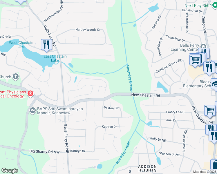 map of restaurants, bars, coffee shops, grocery stores, and more near 405 Bloombridge Way Northwest in Marietta