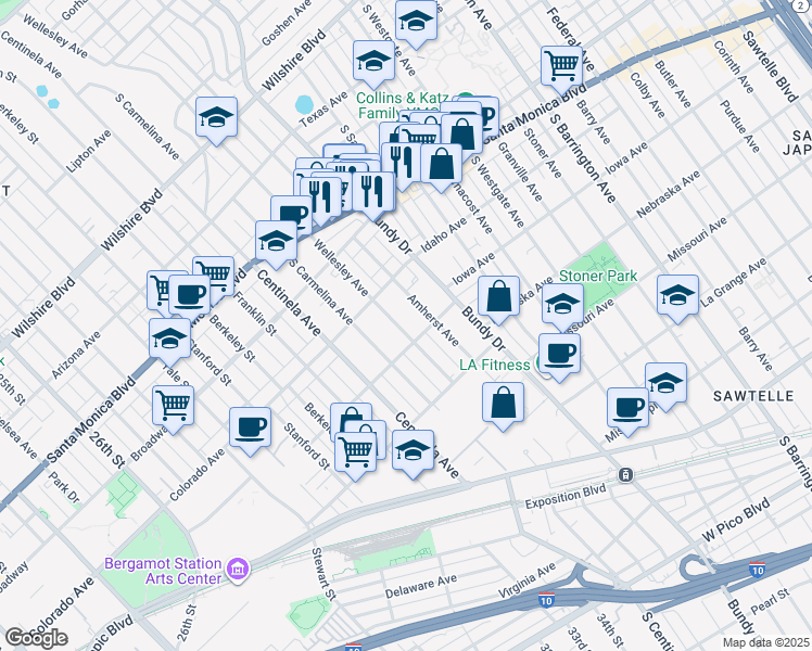 map of restaurants, bars, coffee shops, grocery stores, and more near 1646 Wellesley Avenue in Los Angeles