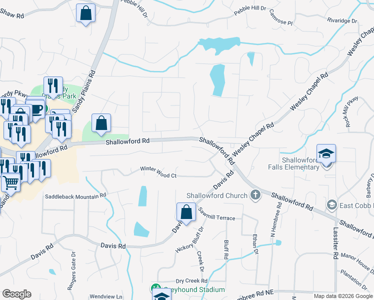 map of restaurants, bars, coffee shops, grocery stores, and more near 3449 Winter Hill Drive in Marietta