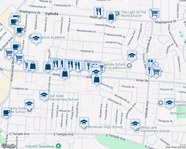 map of restaurants, bars, coffee shops, grocery stores, and more near 16013 Amar Road in La Puente