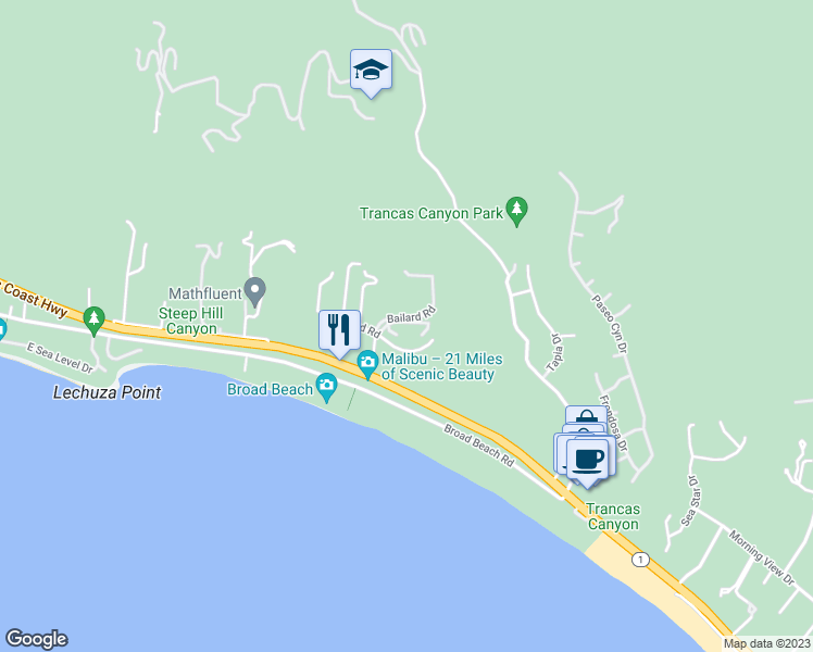 map of restaurants, bars, coffee shops, grocery stores, and more near 31203 Bailard Road in Malibu