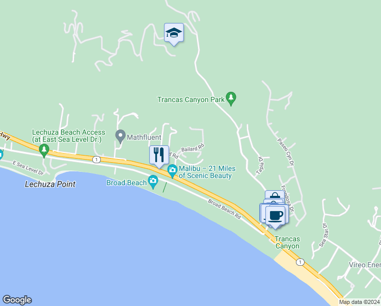 map of restaurants, bars, coffee shops, grocery stores, and more near 6436 Lunita Road in Malibu