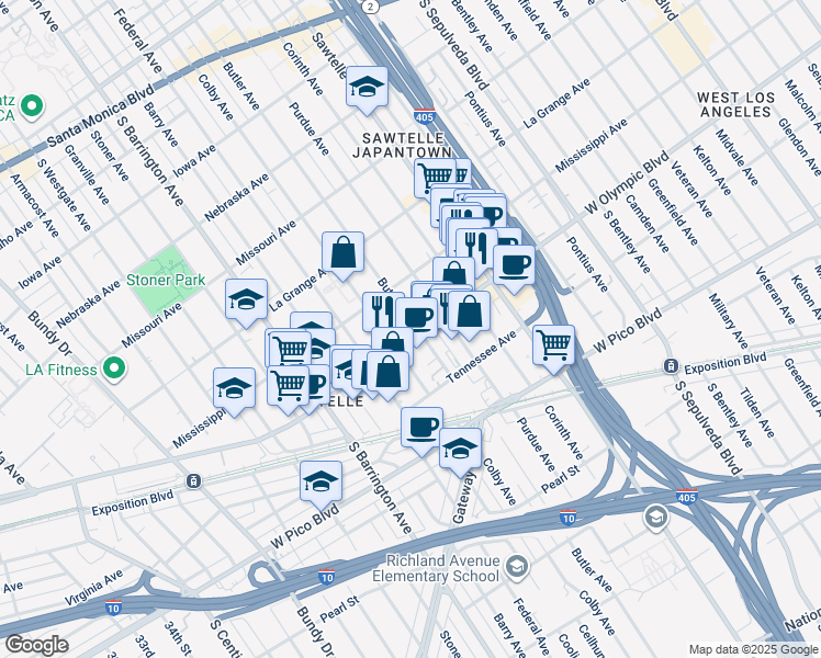map of restaurants, bars, coffee shops, grocery stores, and more near 11505 West Olympic Boulevard in Los Angeles