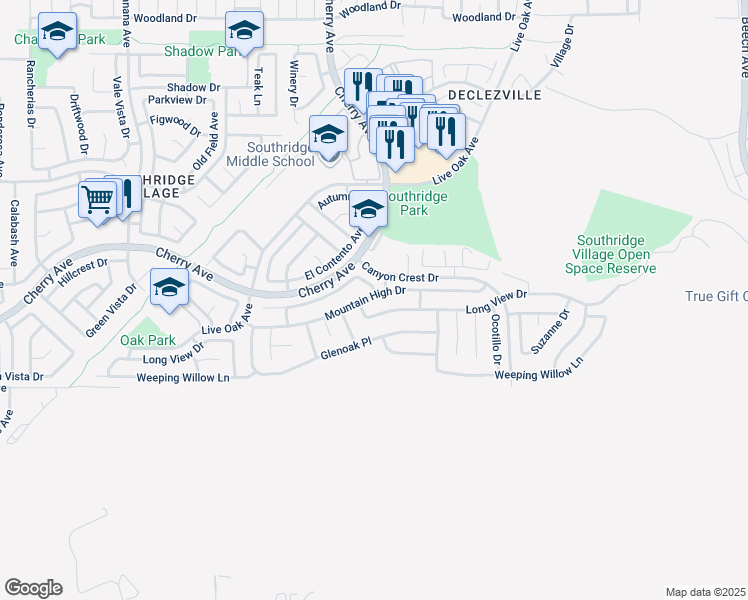 map of restaurants, bars, coffee shops, grocery stores, and more near 14589 Mountain High Drive in Fontana
