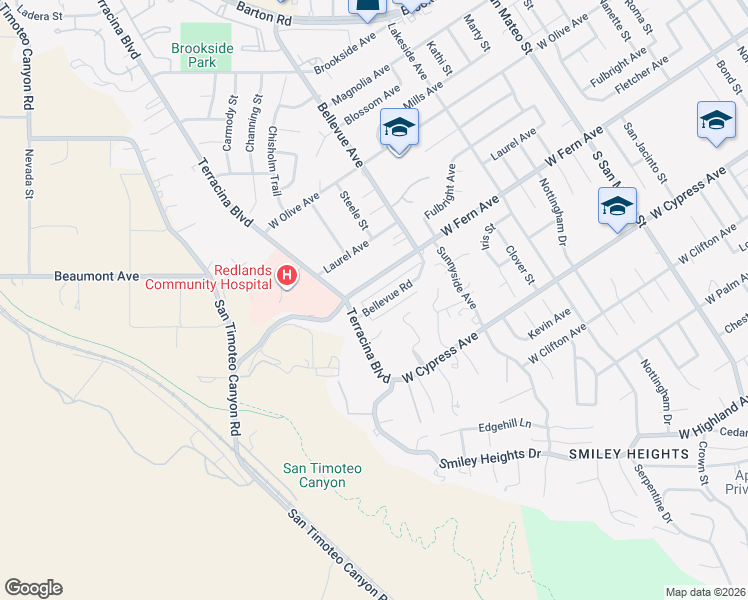map of restaurants, bars, coffee shops, grocery stores, and more near 1616 Bellevue Road in Redlands