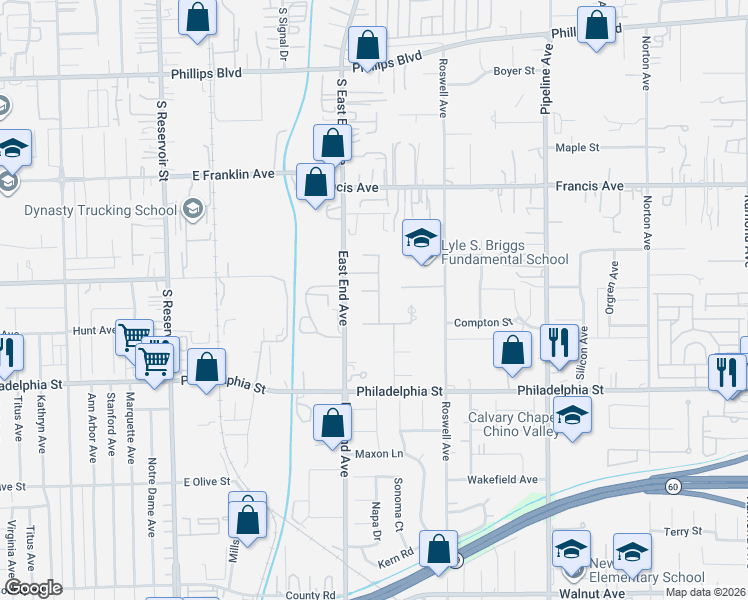 map of restaurants, bars, coffee shops, grocery stores, and more near 3755 Savona Court in Chino