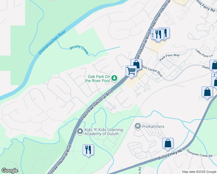 map of restaurants, bars, coffee shops, grocery stores, and more near 1590 Ascot Court Northwest in Suwanee