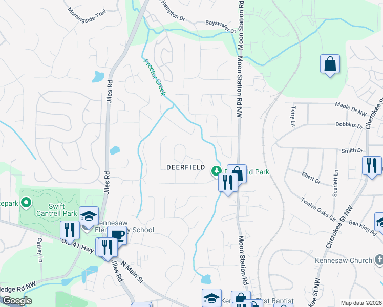 map of restaurants, bars, coffee shops, grocery stores, and more near 5520 Deerfield Place in Kennesaw