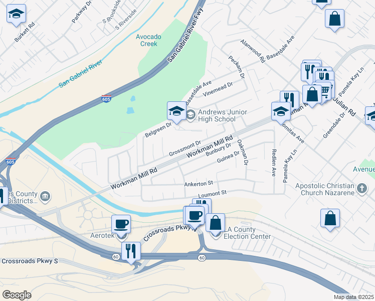map of restaurants, bars, coffee shops, grocery stores, and more near 1222 Grossmont Drive in Whittier
