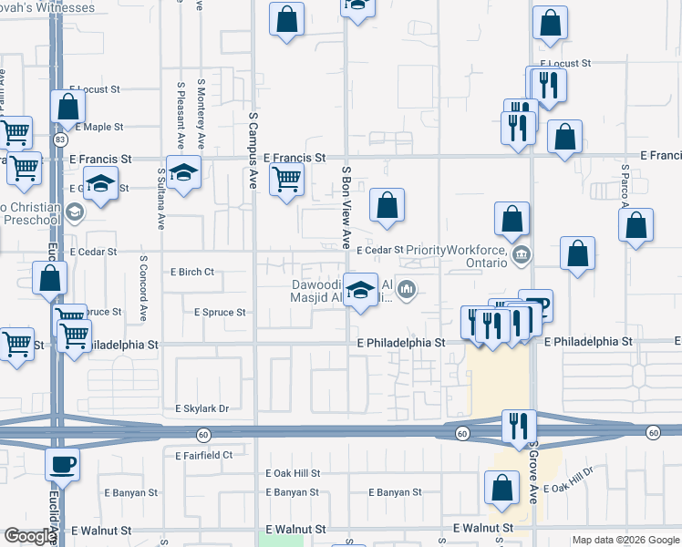 map of restaurants, bars, coffee shops, grocery stores, and more near 2048 South Bon View Avenue in Ontario