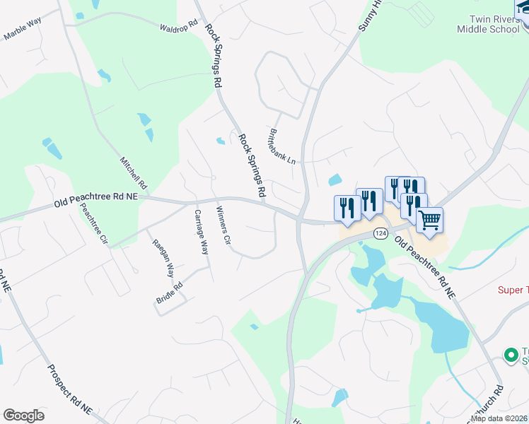 map of restaurants, bars, coffee shops, grocery stores, and more near 1767 Old Peachtree Road Northeast in Lawrenceville