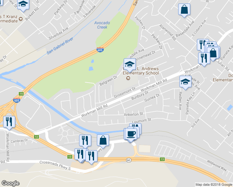 map of restaurants, bars, coffee shops, grocery stores, and more near 1263 Grossmont Drive in Whittier