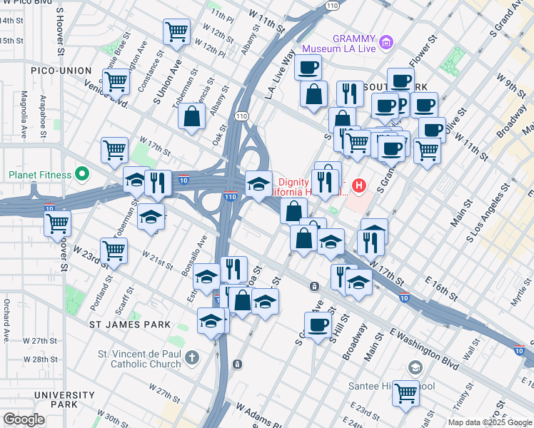 map of restaurants, bars, coffee shops, grocery stores, and more near 626 West 17th Street in Los Angeles