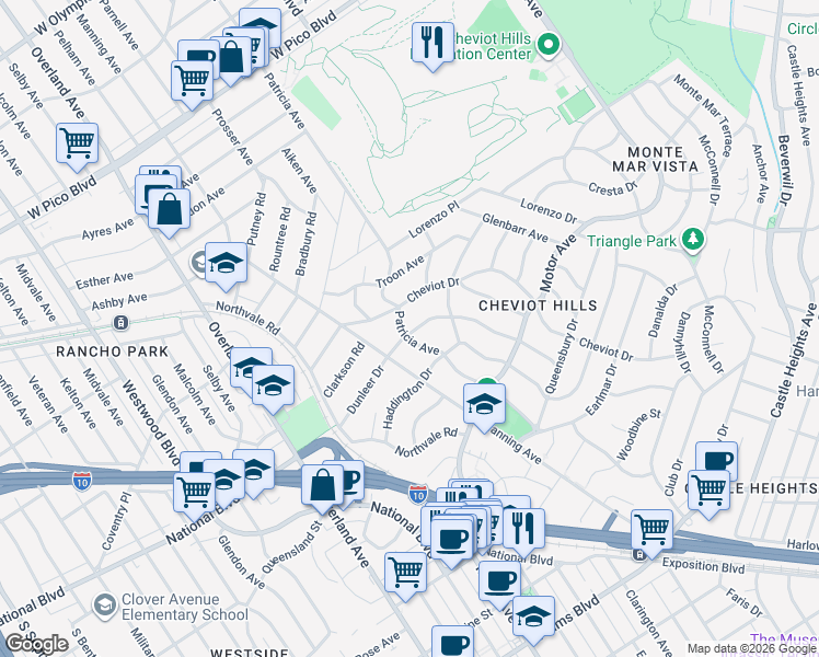 map of restaurants, bars, coffee shops, grocery stores, and more near 10450 Dunleer Drive in Los Angeles